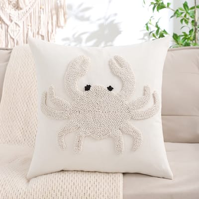 Kussenhoes Krab Crème 45x45 cm – Sierkussen Hoes met 3D Reliëf – Coastal / Boho Woonstijl – Zonder Vulling
