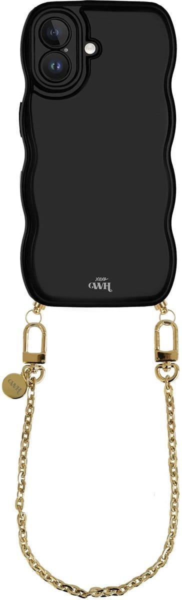 xoxo Wildhearts Glossy Wavy Cord Case Zwart - Geschikt voor iPhone 17 - Dreamy - Kort koord - Glimmend telefoonhoesje met golven - Hoesje met koord - Gouden ketting - kort telefoonkoord - Zwart hoesje - Korte variant koord