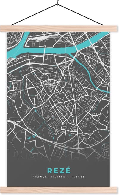 Posterhanger incl. Poster 40x60 cm - Schoolplaat - Rezé - Frankrijk - Stadskaart - Kaart - Plattegrond - Textielposter - Blanke latten - Stadskaart