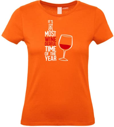 Dames t-shirt Most Wonderfull Wine | Foute Kersttrui Dames Heren | Kerstcadeau | Kerstpakket | Oranje (Dames) | maat XS