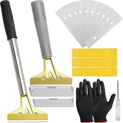 2 Stuks Behangschraper, 21/30 cm Keukenschraper met 30 Reservemessen, Raamschraper met Handschoenen, Geschikt voor het Verwijderen van Behang, Renoveren en Schoonmaken.
