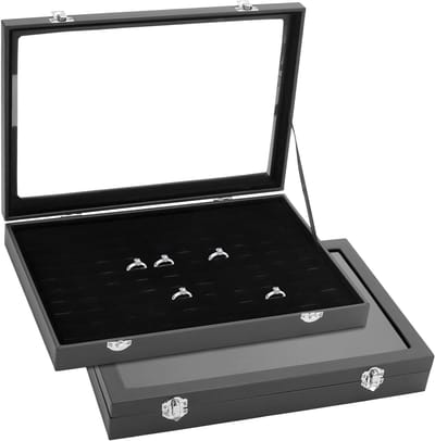 Set van 2 Ringen Dozen, Opbergdozen voor Ringen, Luxe Sieraden Display met Duidelijk Deksel, Velvet Organiser voor Thuis en Winkels, 35x24x5cm