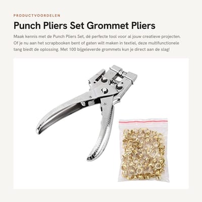 Dailygoods- Punch Tangen Set - Multifunctionele Oogperforator - Klinknagel Setter - Riem Gaten - 100 Holle Oogjes - Ideaal voor Knutselprojecten - Oogjesperforator