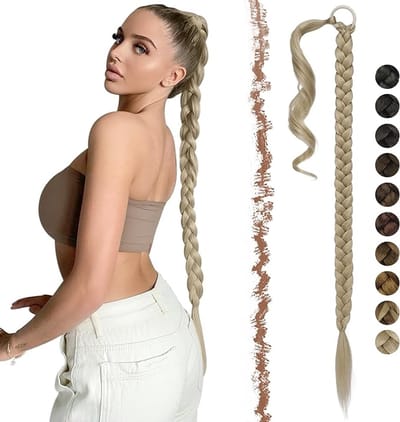 Paardenstaart Extensions met Haarelastiek, 75 cm Lange Ponytail Extensions Gevlochten Haarstukje Synthetische Haarverlenging Paardenstaarten Extensie voor Dames Vrouwen, As Blond
