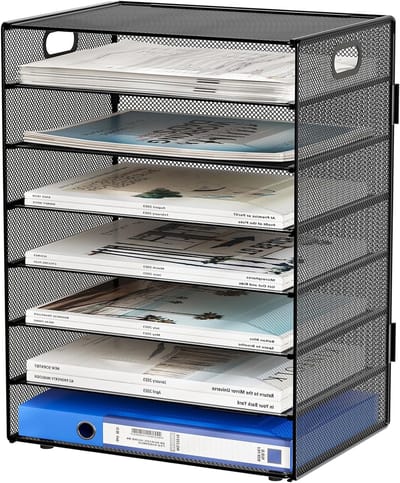 7 Compartimenten A4 Metalen Bureau Organizer voor Documenten, Tijdschriften en Papieren - Zwart Desk Organizer met Multifunctionele Opbergruimte