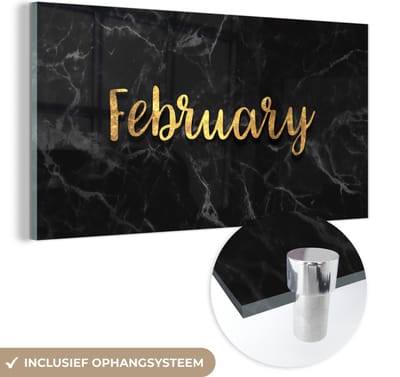 MuchoWow® Glasschilderij 40x20 cm - Schilderij acrylglas - Kalender - Februari - Goud - Marmer - Foto op glas - Schilderijen