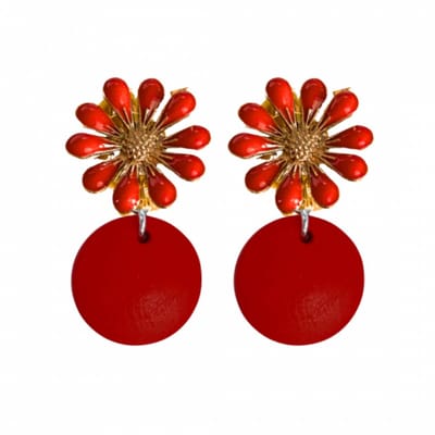 Clip oorbellen -Madelief-emaille- rood -hout- bloem-geen gaatje- Charme Bijoux