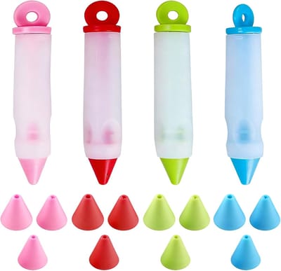 4 stuks Siliconen Schrijfpen, Schuimpje Pen voor Crème, Voedselveilige Schriftuurstift voor Glazuur Banketbakkerij, Siliconen Spuitmondje Banketbakkerij, Spuitzak Cakepatisserie – Geschikt voor taartdecoratie en banketbakkerswerk