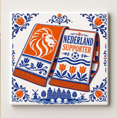 Nederland Supporter Decoratieve Keramische Tegel – Nederlandse Leeuw Sjaal en Tulp Design – Oranje Blauw Voetbal Wanddecoratie Tegel – Vaderlands Woondecoratie Cadeau