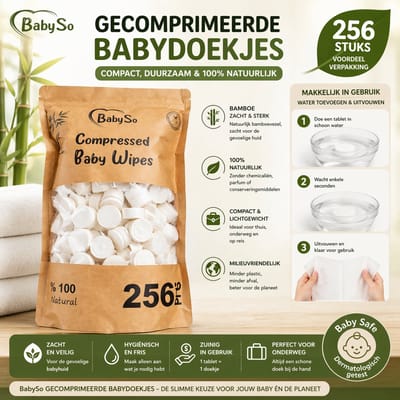 BabySo Gecomprimeerde Babydoekjes – 256 Stuks – Bamboe – Compacte Baby Wipes – Water Toevoegen & Uitvouwen – 100% Natuurlijk