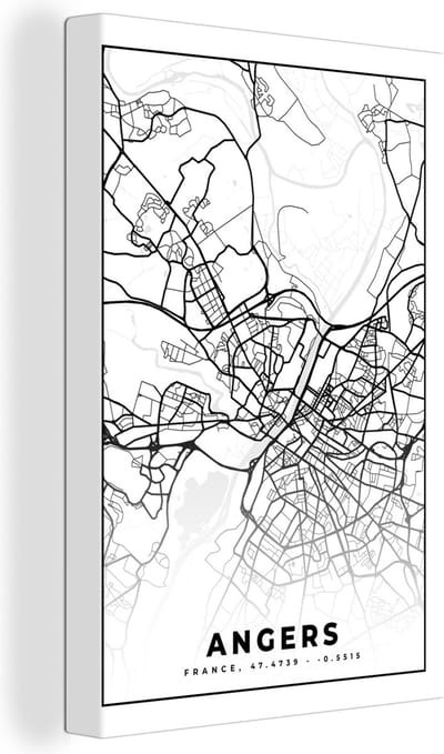 Canvas Schilderij Stadskaart - Angers - Plattegrond - Kaart - Frankrijk - Zwart wit - 20x30 cm - Wanddecoratie