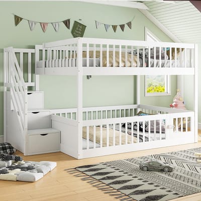 BLACKCOLORS - Stapelbed 140x200 cm - Kinderbed - Met veiligheidsladder - Opbergladen - Opbergruimte - Van wit hout - Eénpersoons - Geschikt voor kinderen en tieners