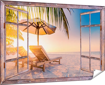 Gards Tuinposter Doorkijk Tropisch Strand tijdens Zonsondergang - 180x120 cm - Tuindoek - Tuindecoratie - Wanddecoratie buiten - Tuinschilderij