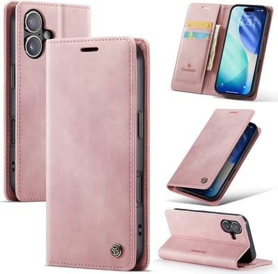 Casemania Hoesje Geschikt voor Apple iPhone 17 - Pale Pink - Luxe Kunstleer Dunne Telefoonhoesje met Pasjeshouder en Standaardfunctie - Slim Wallet Case - Roze