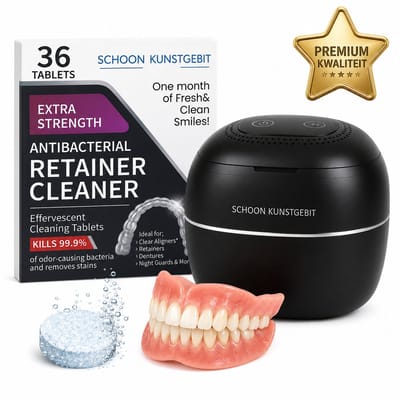 Ultrasone Kunstgebit Reiniger – Ultrasoon Reinigingsapparaat voor Retainer, Invisalign, Beugel & Prothese – Incl. 36 Extra Sterke Reinigingstabletten