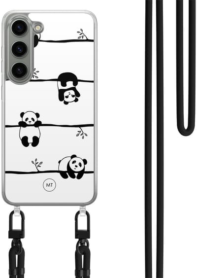 Hoesje met koord geschikt voor Samsung Galaxy S23 - Panda - Inclusief Zwart koord - Crossbody beschermhoes - Transparant, Zwart, Wit - Mooie Telefoonhoesjes