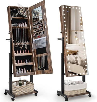 Sieradenkast met spiegel - Opberger met LED - Sieraden organiseren - Verstelbare hoogte en hoek - 155-175 cm hoog