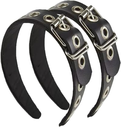 Gothic Punk Haarband Set van Zwart Leer met Metalen Gespen, 2 Stuks voor Vrouwelijke Stijl en Mode