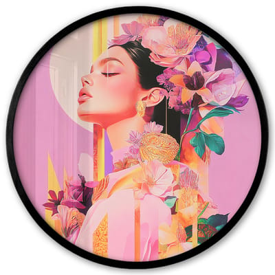 Poster in lijst Rond - Fotolijst 40x40 cm - Posters - Vrouw - Bloemen - Paars - Abstract - Ronde posterlijst zwart - Decoratie - Wanddecoratie woonkamer - Muurdecoratie slaapkamer