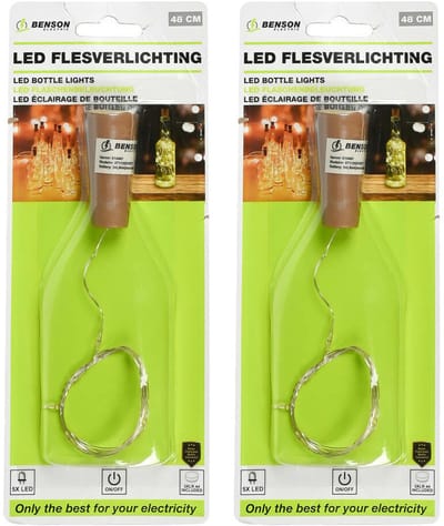 Benson LED flesverlichting - 2x - warm wit - 48 cm - 5 LED's - incl. batterij - Sfeerverlichting voor in een fles