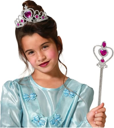 Atosa Carnaval verkleed Tiara/diadeem - Prinsessen kroontje met toverstokje - zilver/fuchsia - meisjes