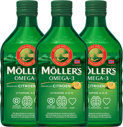 Möller’s Omega-3 Levertraan Citroen - 3 x 250ml - Omega-3 visolie met vitamine D – Levertraan vloeibaar – Levertraan met smaak van citroen