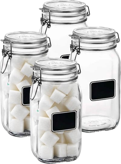 Bormioli Rocco Voorraad/weckpot - 4x - glas - transparant - krijtplaatje - 22 x 10,6 cm - 1 L