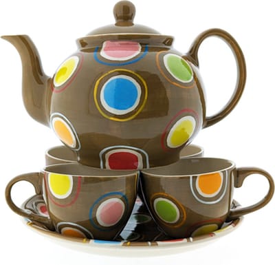 Theeset 6 delig bruin dottie - handgeschilderd - theepot 1000 ml - onderbord en 4 kopjes