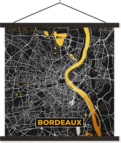 Posterhanger incl. Poster 60x60 cm - Schoolplaat - Frankrijk – Bordeaux – Stadskaart – Plattegrond – Kaart - Textielposter - Zwarte latten - Stadskaart