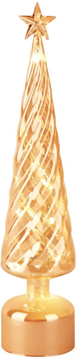 Dekoratief | Kegel vormboompje m/ster op voet, goud, glas, LED, roterend, 9x9x41cm | A255668