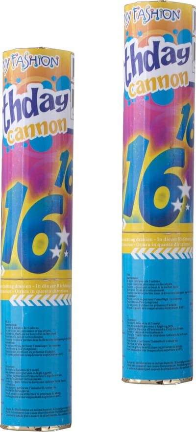 Funny Fashion confetti shooter/kanon - 2x - verjaardag 16 jaar - papier - multi kleuren - 20 cm - leeftijd feestartikelen