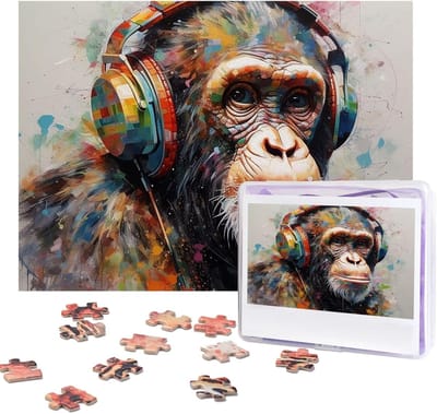 Houten Puzzel - Legpuzzel Volwassenen - Ontspannend Tijdverdrijf - Op Maat Gemaakt - 52 x 38 cm - Muziek Aap