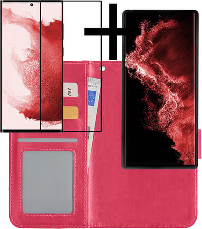 Hoesje - 2 in 1 - Geschikt voor Samsung Galaxy S22 Ultra - Met Screenprotector - En Uitneembare Hard Cover - Bookcase - Wallet Case - Met Pasjeshouder - Book Case - Uitneembaar - Pashouder - Kunstleer - Donkerroze