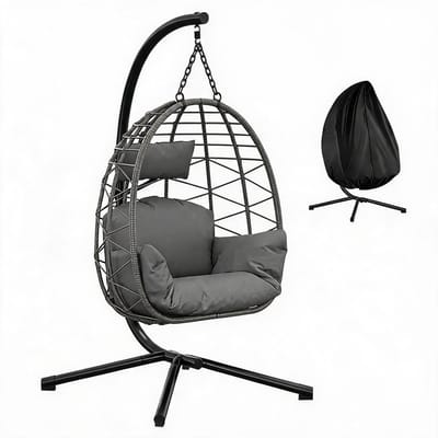 HOERFURIY Hangstoel Buiten met Standaard Metalen, tot 150 kg–Opvouwbare Hangstoelen Egg Hangstoel–Incl. Dikker Zitkussen en Regenhoes–Tuinmeubelen voor de Tuin, Terras en de Slaapkamer, 105 × 105 × 196 cm– Grijs