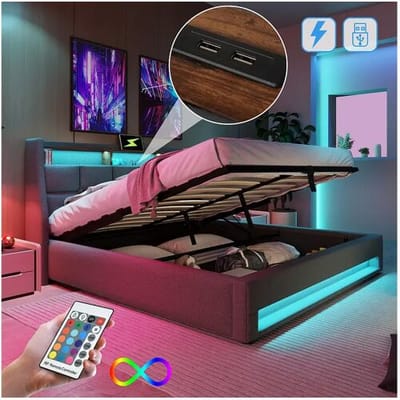 Merax Opbergbed 140 x 200 cm met opberghoofdeinde - USB-aansluiting en LED's - Linnenstof - Grijs - Zonder matras