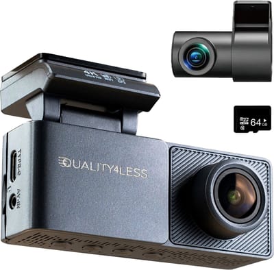 Quality4Less™ - Dashcam voor Auto - 4K Ultra HD - Voor en achter camera - Wifi & GPS - Nachtzicht - Besturing via app - 170 graden kijkhoek - G-sensor - loop recording - Incl. 32GB SD-kaart