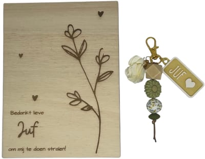 Sleutelhanger en kaartje JUF | groen | bloem | bedankt lieve juf | jij bent de liefste | liefste juf | topjuf | einde schooljaar | cadeau