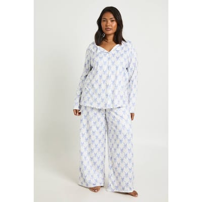 boohoo Dames Plus Strik Print Lange Mouw Shirt En Broek Pyjama Set | Blue | Maat: 16