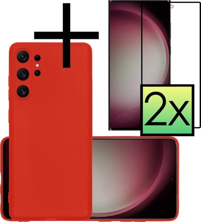 Hoesje - Met 2x Screenprotector - Geschikt voor Samsung Galaxy S23 Ultra - Sterk & Shockproof - Back Cover - Siliconen Case - Telefoon Hoes - Rood