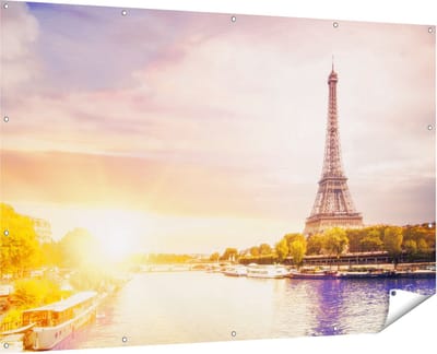 Gards Tuinposter Eiffeltoren in Parijs aan het Water - 180x120 cm - Tuindoek - Tuindecoratie - Wanddecoratie buiten - Tuinschilderij