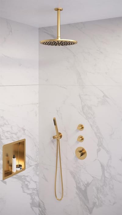 Brauer Gold Edition thermostatische inbouw regendouche SET 06 met 30 cm douchekop en plafondarm en staaf handdouche en doucheslang en wandaansluitbocht goud geborsteld PVD