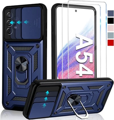 Hoesje Geschikt Voor Samsung Galaxy A54 hoesje Blauw met Ring Houder en camera bescherming - Galaxy A54 Screenprotector - 2 stuks