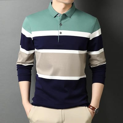 Nouveau T-shirt rayé à revers en coton pour homme, mode décontractée, T-shirt à manches longues pour homme XXXL white