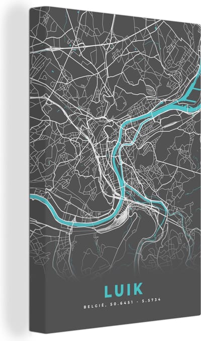 Canvas Schilderij Stadskaart – Grijs - Kaart – Luik – België – Plattegrond - 20x30 cm - Wanddecoratie