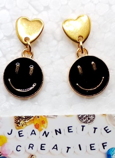 Jeannette-Creatief® - Fun - Smiley Oorhangers Zwart - Oorbellen - RVS oorknopjes