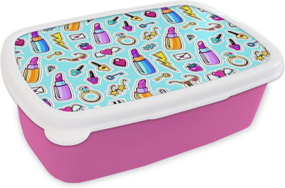 Broodtrommel Roze - Lunchbox - Brooddoos - Design - Sticker - Make Up - Ringen - 18x12x6 cm - Kinderen - Meisje