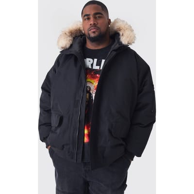 Plus Hoodie Parka Met Afneembare Nepbontvoering Regular Fit in Zwart | Black | Size 2XL