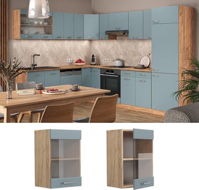 Glazen Keukenkast Ophangkast 40 cm Blauwgrijs Eikenhout Goud