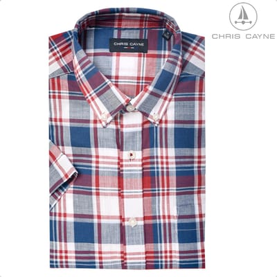 Chris Cayne heren overhemd - korte mouw - M - borstzak - blauw/rood - ruit dessin - 100 % Katoen - slub garen - borstzak