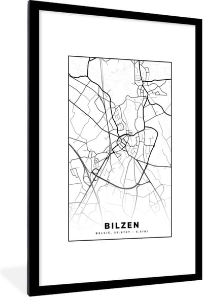 Fotolijst incl. Poster Zwart Wit- Stadskaart – Plattegrond – België – Zwart Wit – Bilzen – Kaart - 80x120 cm - Posterlijst